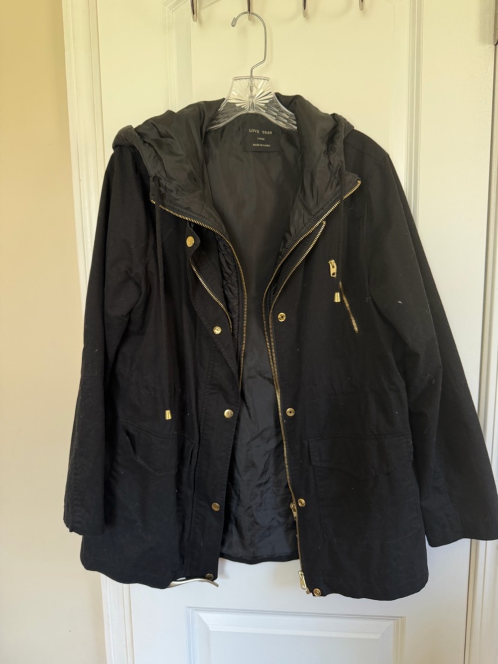 Love Tree Black Hooded Anorak with Gold Accents